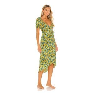 L Space Talia Wrap Midi‎ Dress Size XL Yellow Floral Puff Sleeve Vacation Resort